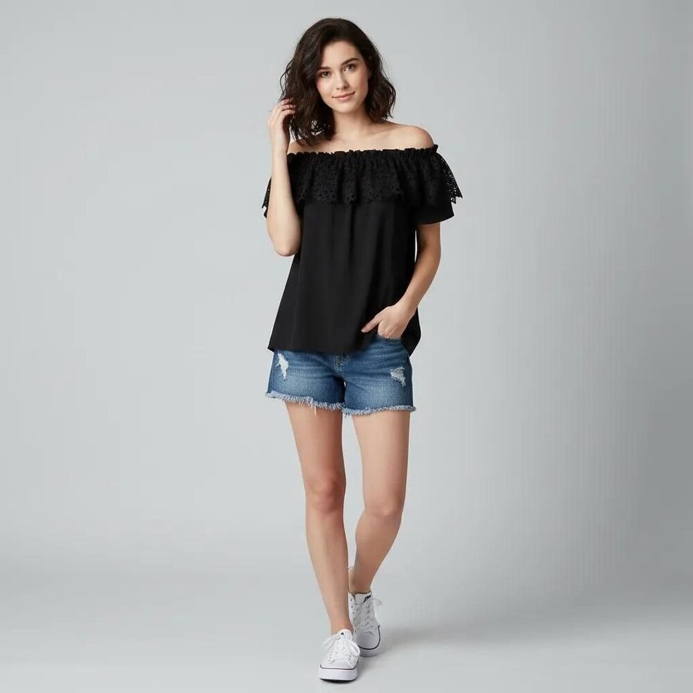 JODIFL Women's Lace Off-Shoulder Short Sleeve Black Blouse Size Small NWT